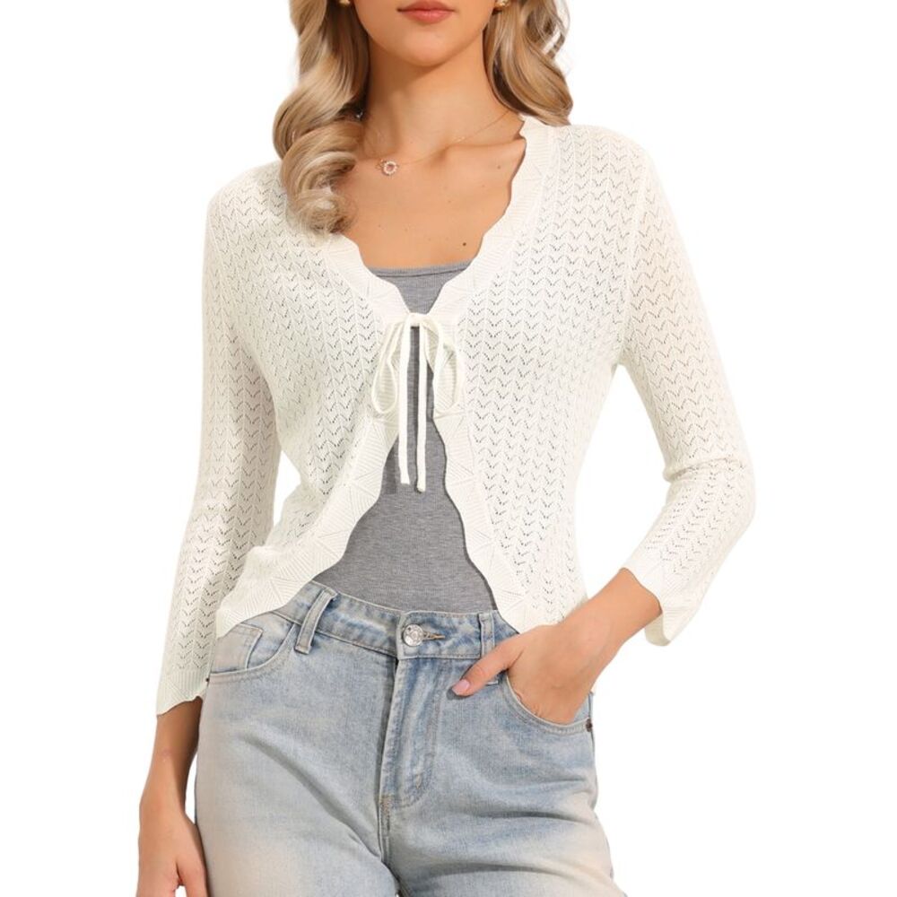 Women Crochet Tie Front Cardigan Bolero Shrug Knit Crop Tops White